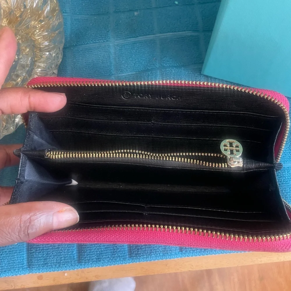 Tory Burch Pink Zip-Around Wallet with Gold Logo